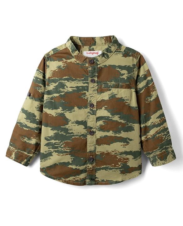 Babyhug 100% Cotton Woven Full Sleeves Shirt and Pant with Camouflage Print - Olive Green