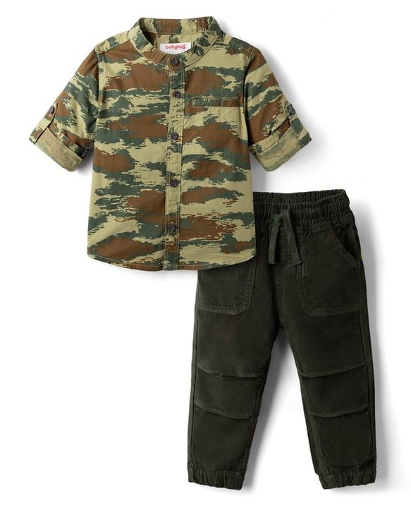 Babyhug 100% Cotton Woven Full Sleeves Shirt and Pant with Camouflage Print - Olive Green