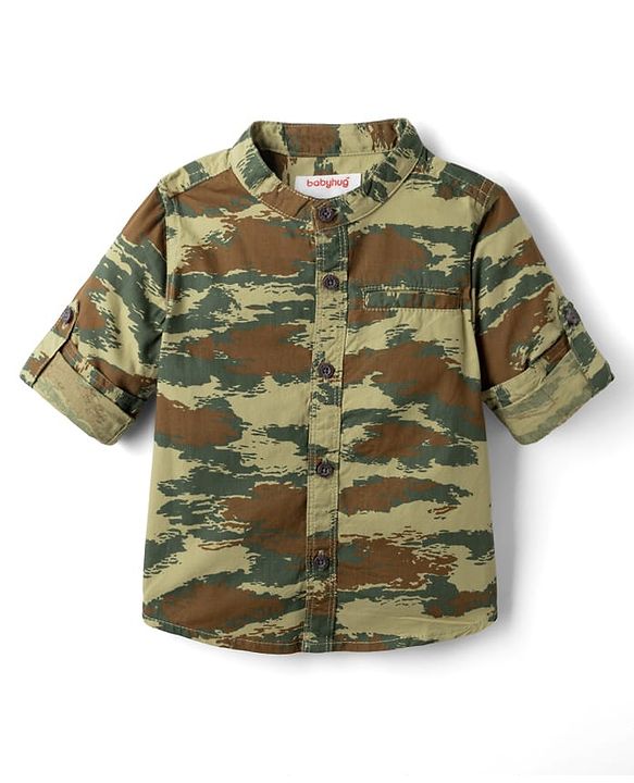 Babyhug 100% Cotton Woven Full Sleeves Shirt and Pant with Camouflage Print - Olive Green