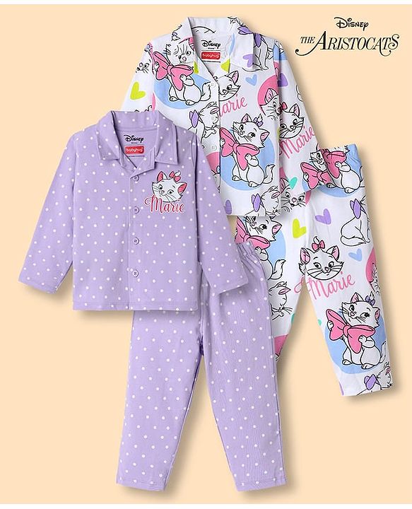 Babyhug Disney Single Jersey Knit Full Sleeves Co-Ords Shirt & Pyjama Night Suit with Polka Dots & Marie Graphics Pack of 2 - Lilac & White