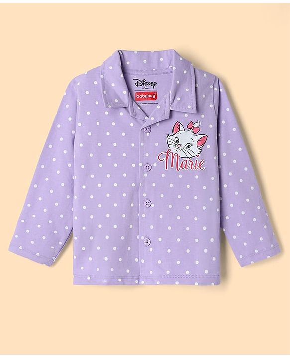 Babyhug Disney Single Jersey Knit Full Sleeves Co-Ords Shirt & Pyjama Night Suit with Polka Dots & Marie Graphics Pack of 2 - Lilac & White
