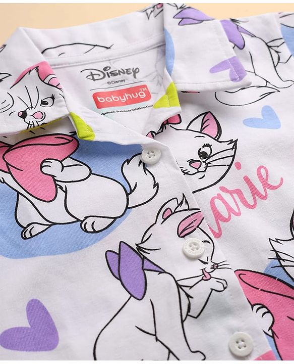 Babyhug Disney Single Jersey Knit Full Sleeves Co-Ords Shirt & Pyjama Night Suit with Polka Dots & Marie Graphics Pack of 2 - Lilac & White