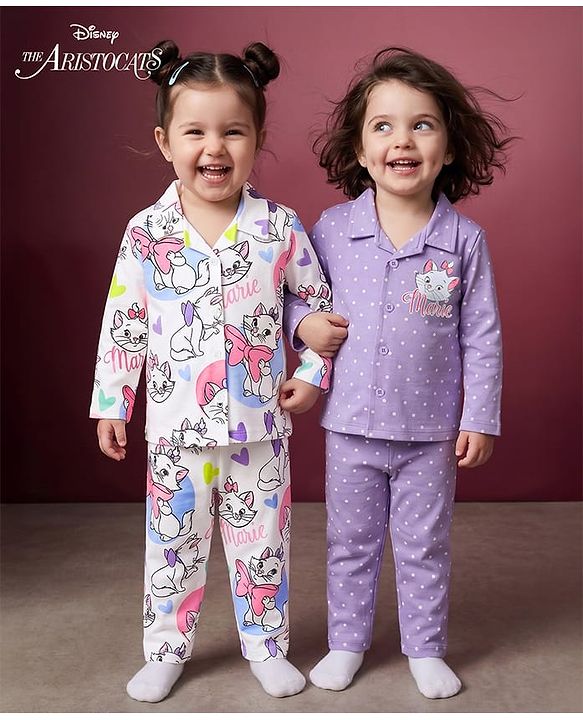 Babyhug Disney Single Jersey Knit Full Sleeves Co-Ords Shirt & Pyjama Night Suit with Polka Dots & Marie Graphics Pack of 2 - Lilac & White