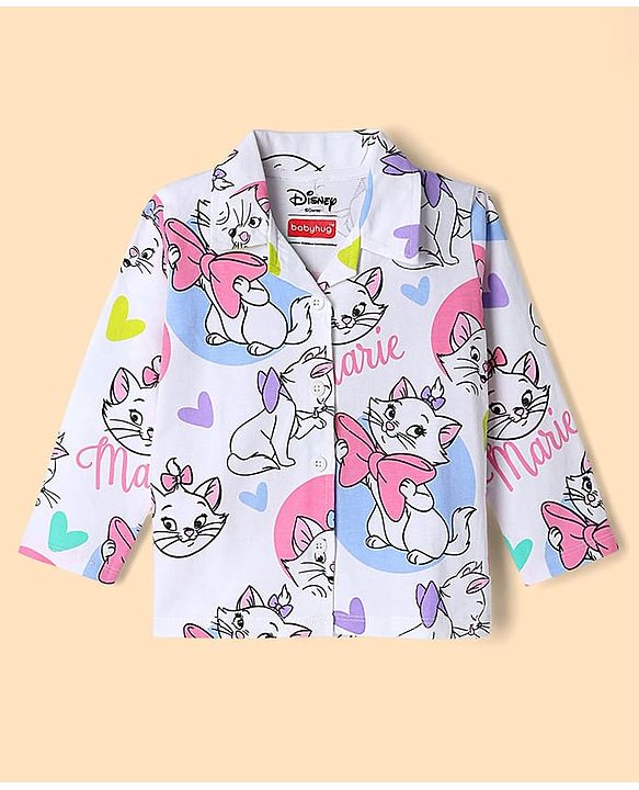 Babyhug Disney Single Jersey Knit Full Sleeves Co-Ords Shirt & Pyjama Night Suit with Polka Dots & Marie Graphics Pack of 2 - Lilac & White
