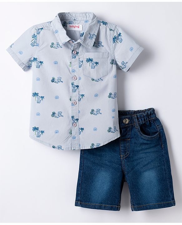 Babyhug Cotton Woven Denim Half Sleeves Shirt and Shorts Set With Leopard Print - Blue
