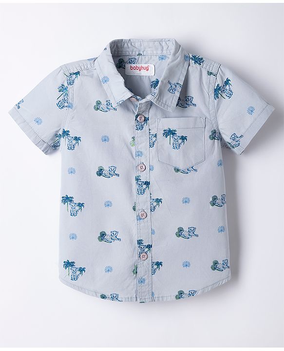 Babyhug Cotton Woven Denim Half Sleeves Shirt and Shorts Set With Leopard Print - Blue