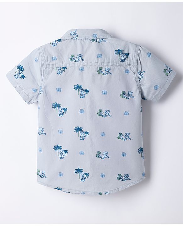 Babyhug Cotton Woven Denim Half Sleeves Shirt and Shorts Set With Leopard Print - Blue