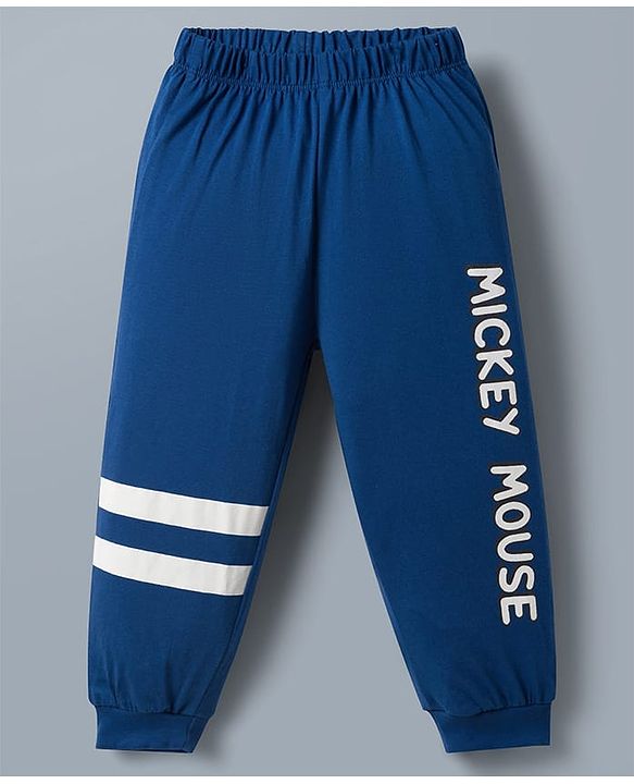 Babyhug Disney Single Jersey Knit Full Sleeves T-Shirt & Pajama Night Suit with Mickey Mouse Graphics - White & Blue
