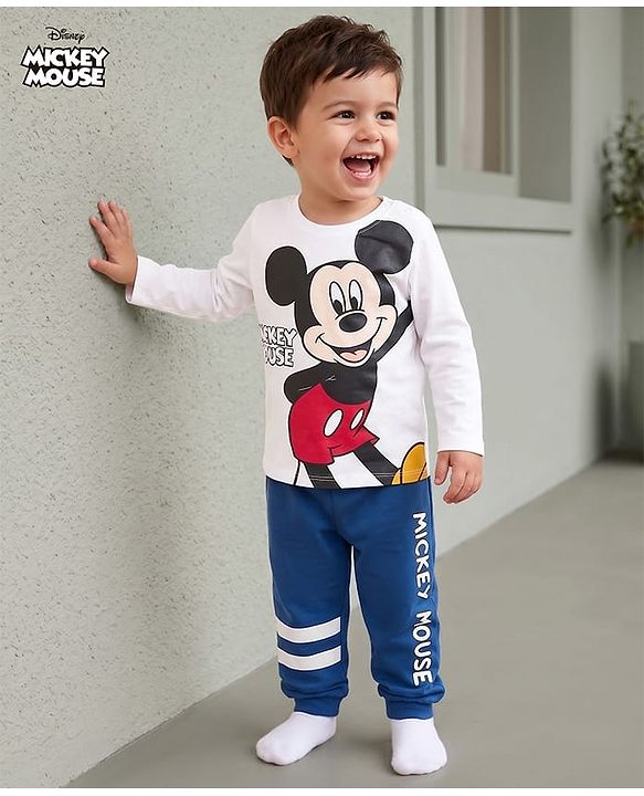 Babyhug Disney Single Jersey Knit Full Sleeves T-Shirt & Pajama Night Suit with Mickey Mouse Graphics - White & Blue