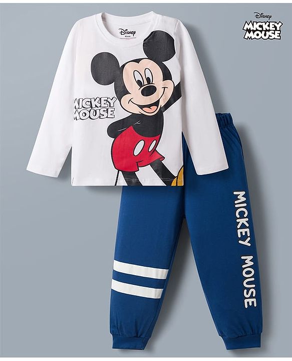Babyhug Disney Single Jersey Knit Full Sleeves T-Shirt & Pajama Night Suit with Mickey Mouse Graphics - White & Blue