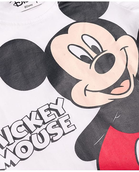 Babyhug Disney Single Jersey Knit Full Sleeves T-Shirt & Pajama Night Suit with Mickey Mouse Graphics - White & Blue