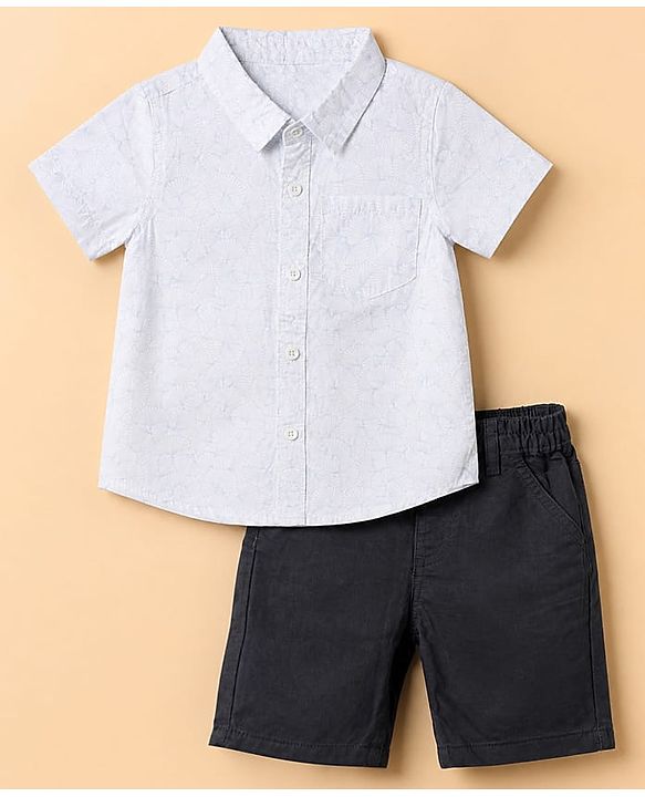 Babyhug 100% Cotton Woven Half Sleeves Printed Shirt and Shorts Set - White