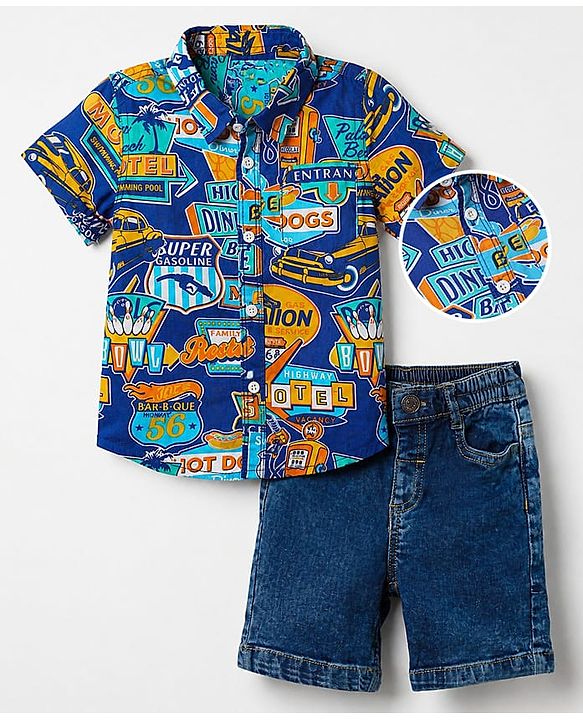 Babyhug Cotton Woven Half Sleeves Text Printed Shirt and Shorts Set - Navy Blue