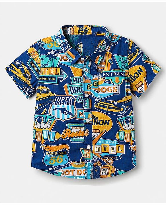 Babyhug Cotton Woven Half Sleeves Text Printed Shirt and Shorts Set - Navy Blue