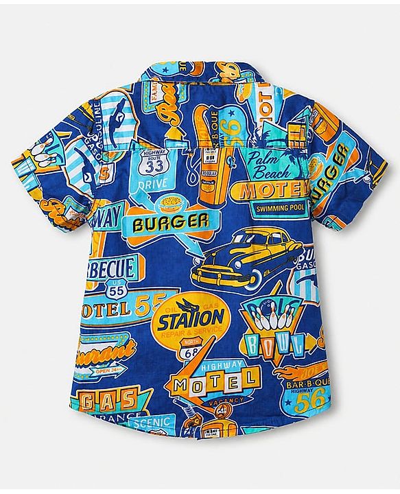 Babyhug Cotton Woven Half Sleeves Text Printed Shirt and Shorts Set - Navy Blue