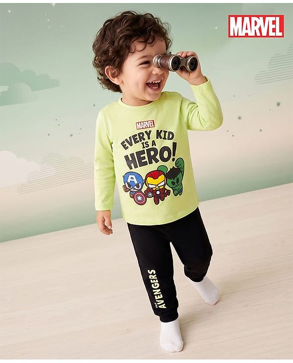 Babyhug Marvel Single Jersey Knit Full Sleeves T-Shirt & Pyjama Night Suit with Avengers Graphics - Limegreen & Black
