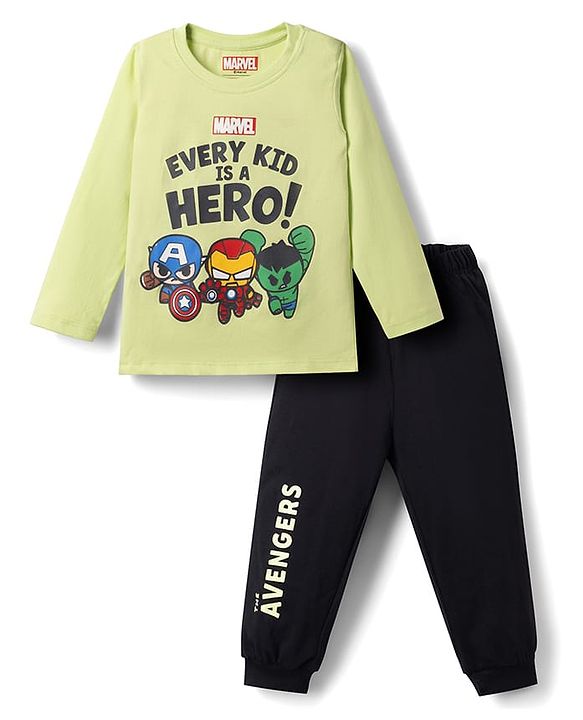 Babyhug Marvel Single Jersey Knit Full Sleeves T-Shirt & Pyjama Night Suit with Avengers Graphics - Limegreen & Black