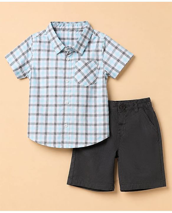Babyhug 100% Cotton Woven Half Sleeves Shirt and Shorts with Checks - Light Blue