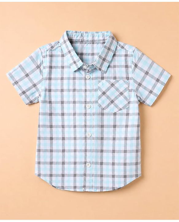 Babyhug 100% Cotton Woven Half Sleeves Shirt and Shorts with Checks - Light Blue