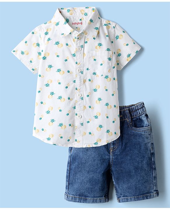 Babyhug Cotton Woven Half Sleeves Shirt and Denim Shorts with Pineapple Print - White & Blue