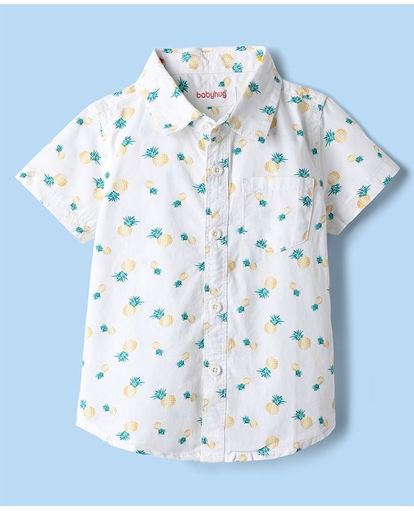 Babyhug Cotton Woven Half Sleeves Shirt and Denim Shorts with Pineapple Print - White & Blue