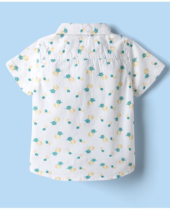 Babyhug Cotton Woven Half Sleeves Shirt and Denim Shorts with Pineapple Print - White & Blue