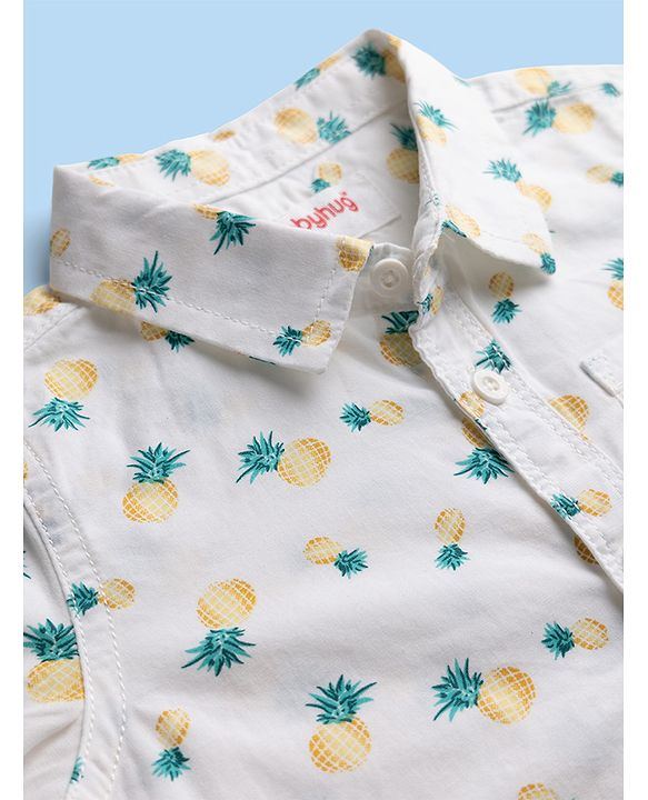 Babyhug Cotton Woven Half Sleeves Shirt and Denim Shorts with Pineapple Print - White & Blue