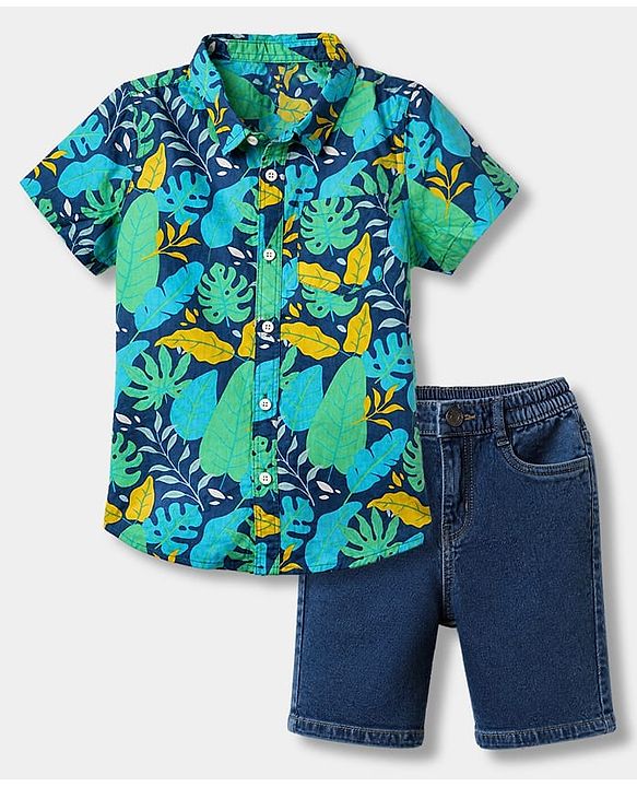 Babyhug Cotton Woven Half Sleeves Shirt and Denim Shorts Set with Leaf Print - Navy Blue