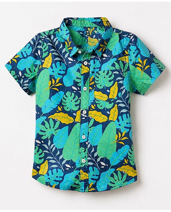 Babyhug Cotton Woven Half Sleeves Shirt and Denim Shorts Set with Leaf Print - Navy Blue