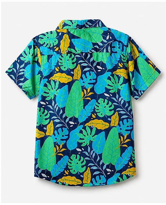 Babyhug Cotton Woven Half Sleeves Shirt and Denim Shorts Set with Leaf Print - Navy Blue