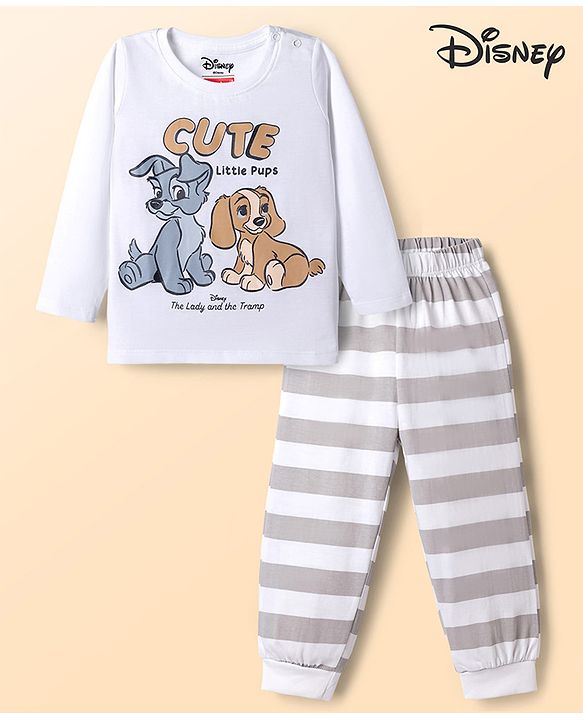 Babyhug Disney Single Jersey Knit Full Sleeves T-shirt & Striped Pyjama Night Suit With Lady and the Tramp Graphic - White