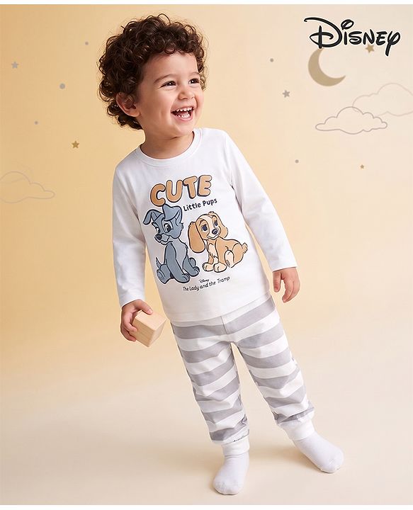 Babyhug Disney Single Jersey Knit Full Sleeves T-shirt & Striped Pyjama Night Suit With Lady and the Tramp Graphic - White