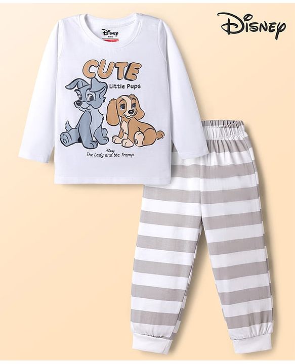 Babyhug Disney Single Jersey Knit Full Sleeves T-shirt & Striped Pyjama Night Suit With Lady and the Tramp Graphic - White