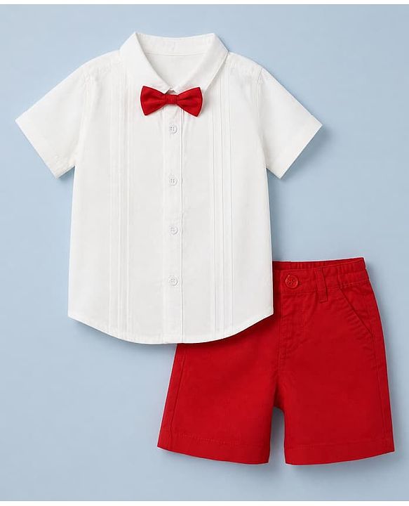 Babyhug 100% Cotton Woven Half Sleeves Shirt and Shorts with Bow Tie - Red & White