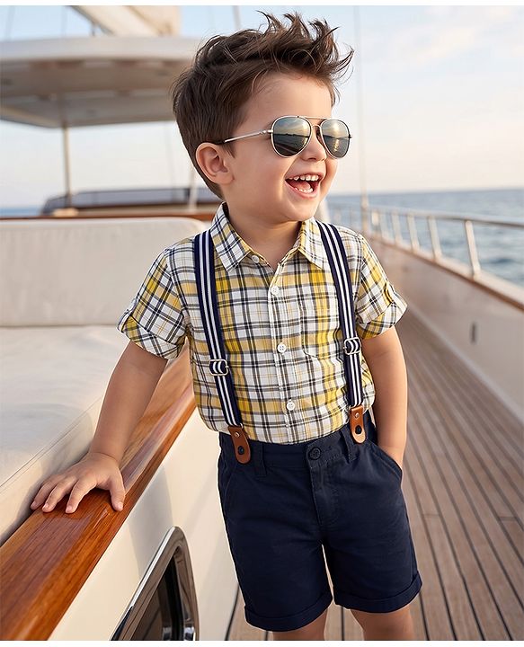 Babyhug 100% Cotton Woven Half Sleeves Checked Shirt & Shorts - Black & Yellow