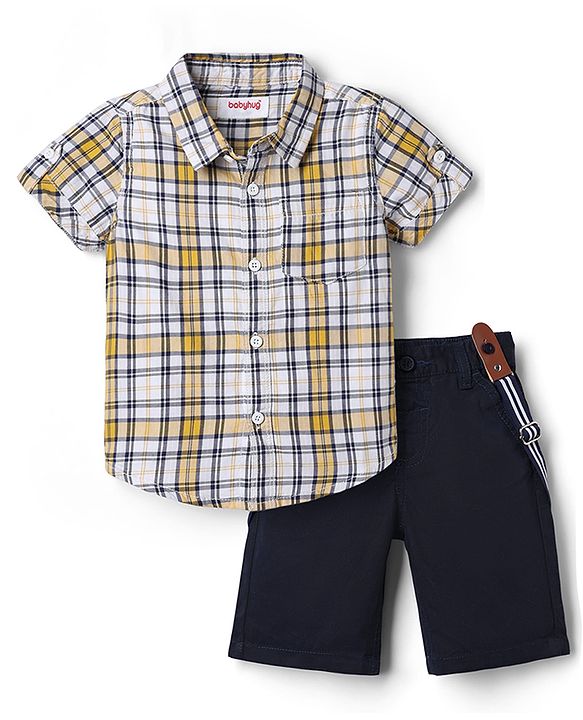 Babyhug 100% Cotton Woven Half Sleeves Checked Shirt & Shorts - Black & Yellow