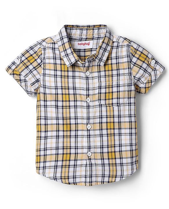 Babyhug 100% Cotton Woven Half Sleeves Checked Shirt & Shorts - Black & Yellow