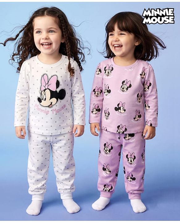 Babyhug Disney Single Jersey Knit Full Sleeves Co-Ords T-Shirt & Pyjama Night Suit with Minnie Mouse & Polka Dots Print Pack of 2 - White