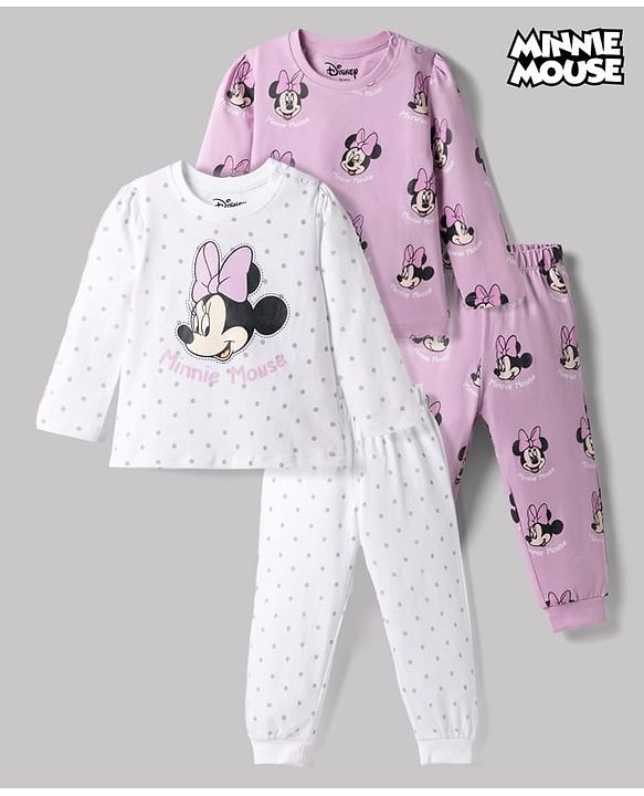 Babyhug Disney Single Jersey Knit Full Sleeves Co-Ords T-Shirt & Pyjama Night Suit with Minnie Mouse & Polka Dots Print Pack of 2 - White
