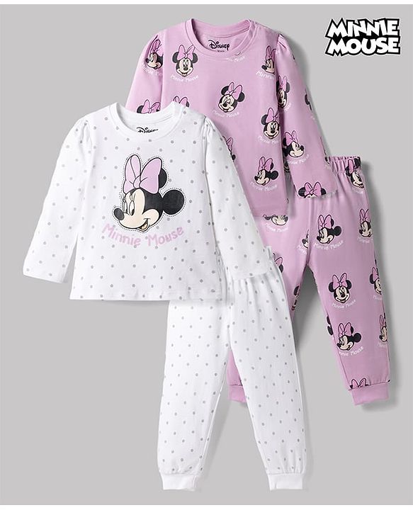 Babyhug Disney Single Jersey Knit Full Sleeves Co-Ords T-Shirt & Pyjama Night Suit with Minnie Mouse & Polka Dots Print Pack of 2 - White