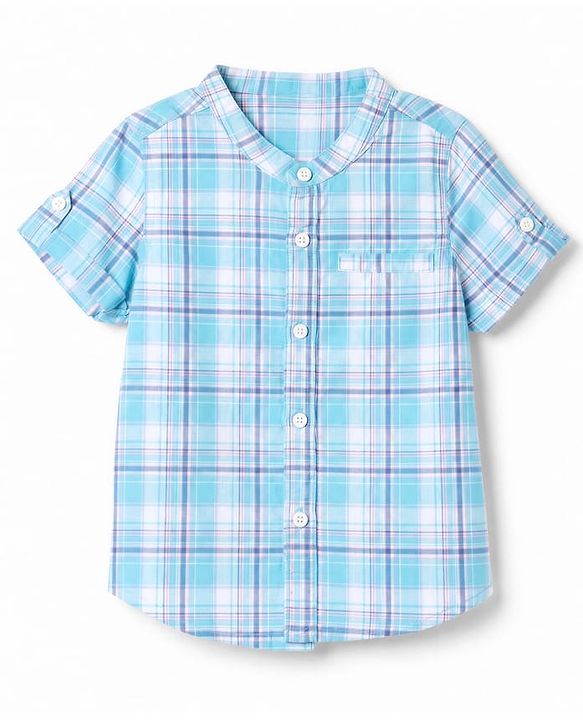 Babyhug 100% Cotton Woven Half Sleeves Checks Shirt & Shorts With Cargo Pocket - Blue & Beige