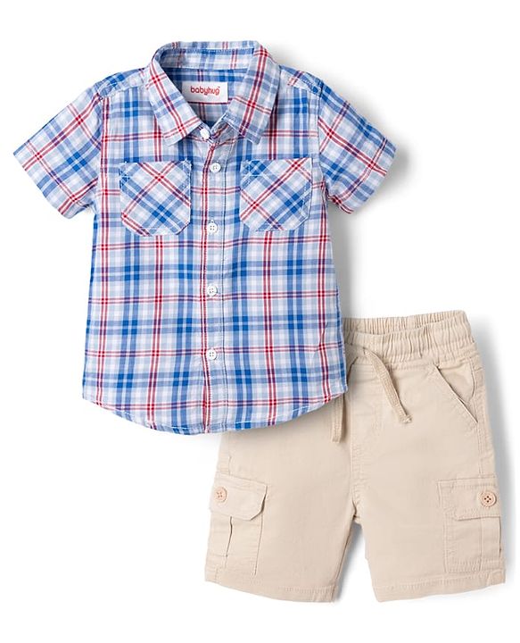 Babyhug 100% Cotton Woven Half Sleeves Shirt and Shorts with Check Print - Blue