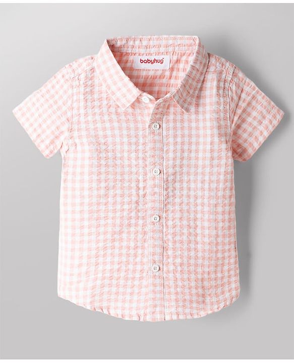 Babyhug 100% Cotton Woven Half Sleeves Checked Shirt & Shorts Set With Bow - Beige