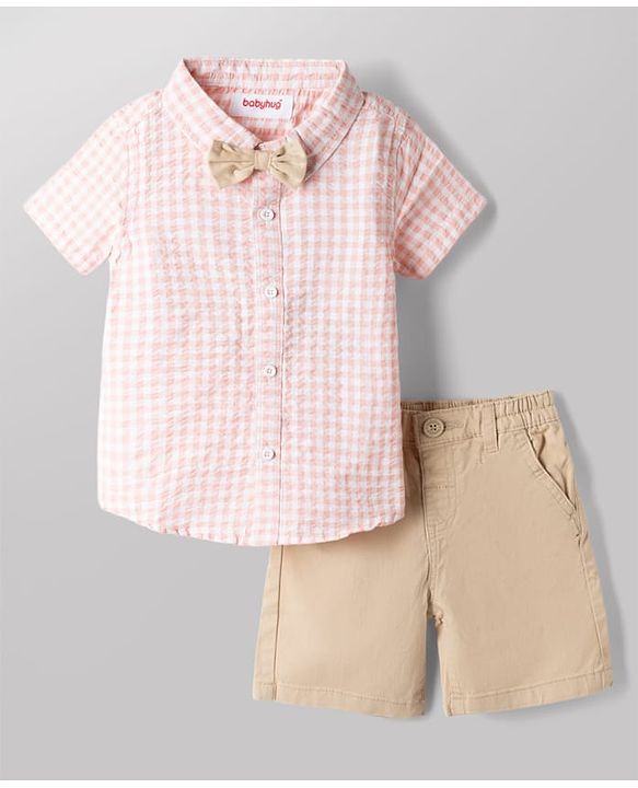 Babyhug 100% Cotton Woven Half Sleeves Checked Shirt & Shorts Set With Bow - Beige