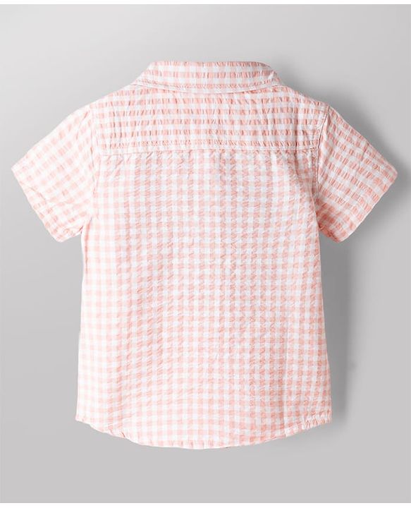 Babyhug 100% Cotton Woven Half Sleeves Checked Shirt & Shorts Set With Bow - Beige
