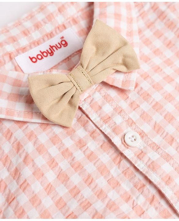 Babyhug 100% Cotton Woven Half Sleeves Checked Shirt & Shorts Set With Bow - Beige