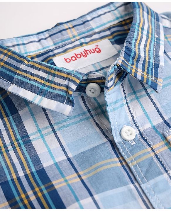 Babyhug 100% Cotton Woven Half Sleeves Checks Shirt & Shorts Set - Beige & Blue