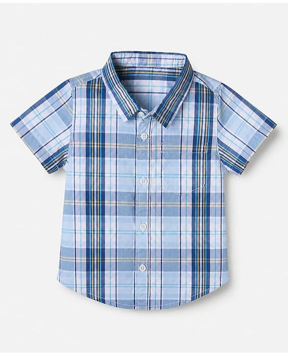 Babyhug 100% Cotton Woven Half Sleeves Checks Shirt & Shorts Set - Beige & Blue