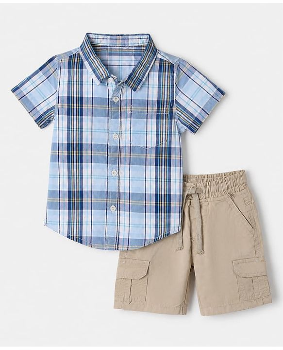 Babyhug 100% Cotton Woven Half Sleeves Checks Shirt & Shorts Set - Beige & Blue