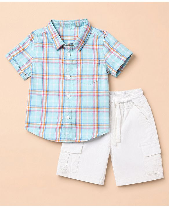 Babyhug 100% Cotton Woven Half Sleeves Checked Shirt & Shorts Set - White & Blue